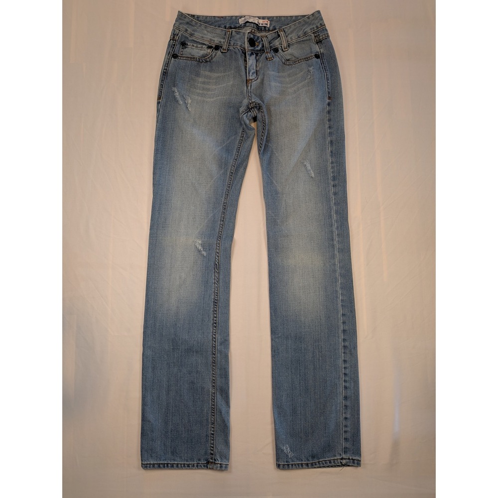 Extyn Denim Italy Low Rise Straight Leg Distressed Zipper Pocket Jeans Blue 42 S
